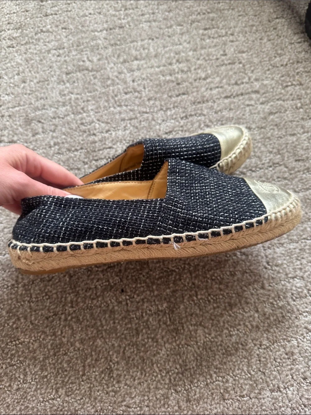 CHANEL Black Tweed Espadrilles with Gold Cap Toe